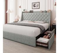 Feonase FEO737 Cadre de lit Queen size avec 4 tiroirs de rangement, lit de rangement rembourré avec station de charge, tête de lit touffetée à ailes, pas besoin de sommier tapissier, gris clair