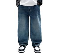 FEOYA Ado Pantalon La Mode Solide Garçon Jeans Baggy Lâche Enfant Loisirs Printemps Jambes Larges Automne Classique Sport Cylindre Droit Ceinture Élastique 02 Bleu 13 14 Ans