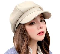 FEOYA Béret Femme en Cuir Casquette Français Newsboy Gavroche Artiste de Peintre Chauffeur Beige Basque Vintage Rétro Octogonal Classique Automne Printemps Visière Hiver