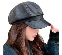 FEOYA Béret Femme en Cuir Casquette Français Newsboy Gavroche Artiste de Peintre Chauffeur Noir Basque Vintage Rétro Octogonal Classique Automne Printemps Visière Hiver