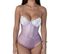 FEOYA Body Femme Sexy Paillettes Corset Lingerie Brillant Bodysuit Sans Manches Une Pièce Sous-Vêtements Jumpsuit Combinaison de Danse Slim Fit Clubwear Violet S