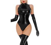 FEOYA Bodys Femmes Cuir Wetlook Lingerie Jumpsuit Sans Manches Combinaison Sexy Latex Teddy Bodysuit Brillant Playsuit XS Noir