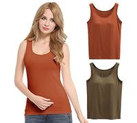 FEOYA Casual Débardeur avec Brassière Intégrée Été Crop Top de Sport Femme Tank Top Bra pour Yoga Pilates Course Uni Caramel/Vert Armée 2 Pack XL