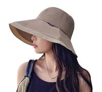 FEOYA Chapeau de Soleil Plat pour Femme Coton Anti-UV Randonnée Été Plage Large Bord Loisir Pliable Contre-Vent Noeud Papillon Kaki Taille 58