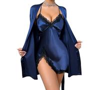 FEOYA Chemise de Nuit pour Femme 2 Pièces Chemise de Nuit Décontractée Homewear Sexy Sling Chemise de Nuit Soie Bleu M