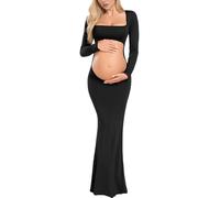 FEOYA Dame Robe Grossesse Chic Femme Enceinte Robe Longue Elegant De Maternité De Soirée Shooting Grande Taille Sexy Photo Noir L