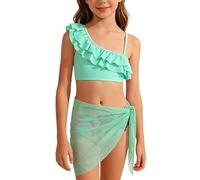 FEOYA Enfant Maillot De Bain 3 Pièces Anti-UV Fille Ensembles De Plage avec Jupe Mode Triangle Bikini Set À Bretelles Réglables Été Vert 9-10 Ans