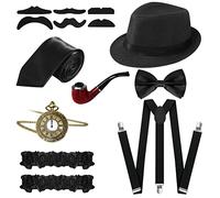 FEOYA Ensemble d'accessoires Costume Homme Style Années 1920 Hommes Déguisements Gatsby 8 Pièces Set Chapeau Manhattan Bretelles en Y Noeud Papillon Noir