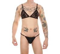 FEOYA Ensemble de sous-vêtements Homme Sissy Soutien-Gorge Dentelle Transparent String Ensemble Lingerie T-Back Thong Tanga Brassiere B1 M