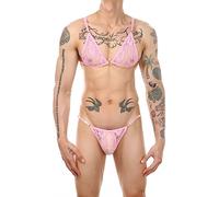 FEOYA Ensemble de sous-vêtements Homme Sissy Soutien-Gorge Dentelle Transparent String Ensemble Lingerie T-Back Thong Tanga Brassiere B4 S