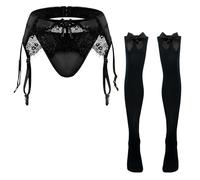 FEOYA Ensemble Lingerie Homme Sissy String Crossdresser Slip Sexy Dentelle Transparent Underpants avec Bas Longs