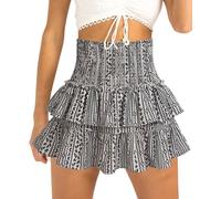FEOYA Femme Demi Jupe Fleur Polka Volants Jupe Courte Jupe Plissée Jupe de Skateboard Elastique Bohème Jupe Taille Haute Mini Jupe avec Zip Party Jupe Vintage Multicolore M