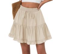 FEOYA Femme Jupe À Volants Taille Haute Courte Jupes Plissée Été Boho Mini Jupe de Plage avec Short Vacances Ruffle Skirt Beige L