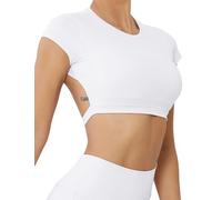 FEOYA Femme Manche Courte T-Shirt Sports Shirt Crop Tops Dos Nu Y2k Crop Top Sexy Backless T-Shirt Fitness Gym Shirts Vêtement de Yoga Court Blanc S