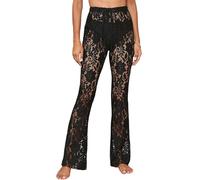 FEOYA Femme Pantalon de Plage en Dentelle Pantalon Transparent de Plage en Crochet Pantalon de Plage Creux Noir L