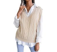 FEOYA Femme Pull Tricoté sans Manche Col V Gilet en Tricot Rayé à Carreaux Pull Chaud Classique Casual Mignon Décontracté Ample Vintage Débardeur Chandail Top Tricot Hiver Automne Printemps Abricot S