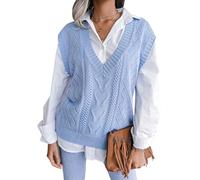 FEOYA Femme Pull Tricoté sans Manche Col V Gilet en Tricot Rayé à Carreaux Pull Chaud Classique Casual Mignon Décontracté Ample Vintage Débardeur Chandail Top Tricot Hiver Automne Printemps Bleu M