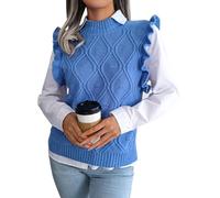 FEOYA Femme Pull Tricoté sans Manche Col V Gilet en Tricot Rayé à Carreaux Pull Chaud Classique Casual Mignon Décontracté Ample Vintage Débardeur Chandail Top Tricot Hiver Automne Printemps Bleu L