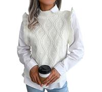 FEOYA Femme Pull Tricoté sans Manche Col V Gilet en Tricot Rayé à Carreaux Pull Chaud Classique Casual Mignon Décontracté Ample Vintage Débardeur Chandail Top Tricot Hiver Automne Printemps Blanc M