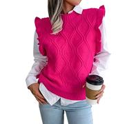 FEOYA Femme Pull Tricoté sans Manche Col V Gilet en Tricot Rayé à Carreaux Pull Chaud Classique Casual Mignon Décontracté Ample Vintage Débardeur Chandail Top Tricot Hiver Automne Printemps Rose S