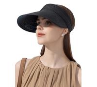 FEOYA Femmes Chapeau de Paille Sun Visor Chapeaux Large Bord Protection UV Chapeau d'été Packable Pliable Femmes Roll Up Queue de Cheval Visor Cap Outdoor Vacances Paille Golf Cap Noir