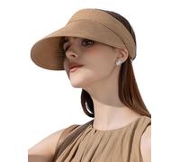 FEOYA Femmes Chapeau de Paille Sun Visor Chapeaux Large Bord Protection UV Chapeau d'été Packable Pliable Femmes Roll Up Queue de Cheval Visor Cap Outdoor Vacances Paille Golf Cap Kaki
