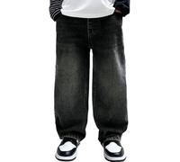 FEOYA Garçon Pantalon La Mode Sport Enfant Jeans Baggy Ceinture Élastique Ado Loisirs Solide Jambes Larges Lâche Classique Printemps Cylindre Droit Automne Noir 10 11 Ans