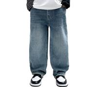 FEOYA Garçon Pantalon La Mode Sport Enfant Jeans Baggy Ceinture Élastique Ado Loisirs Solide Jambes Larges Lâche Classique Printemps Cylindre Droit Automne 01 Bleu 10 11 Ans
