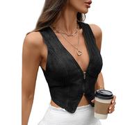 FEOYA Gilet en jean vintage court pour femme avec col en V et fente dans le dos avec fermeture éclair sur le devant, B2., S