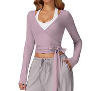 FEOYA Haut Cache-CœUr pour Femme De Ballet à Manches Longues Noué sur Le Devant Yoga Pilates Haut De Gymnastique Dancewear Violet M