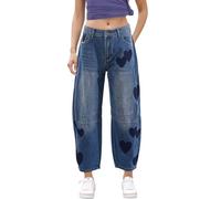 FEOYA Jean Baril pour Femme, Boyfriend à Jambe Large Pantalon Jean Court Taille Moyenne avec Poches Coeur Bleu L