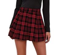 FEOYA Jupe Ecossaise Femme Courte Evasée Short Skirt Plissée Écolière Mini Jupe Ado Fille Taille Haute à Carreaux Rouge Étiquette S