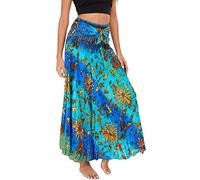 FEOYA Jupe Longue Bohême Femme Jupe Gitane Fluide Hippie Taille Haute Élastique Jupes Indienne Maxi Robe Imprimé de Plage Vacances Robes Licou Dos Nu Sexy 2 en 1 Vêtement Boho Casual Vintage Été 09