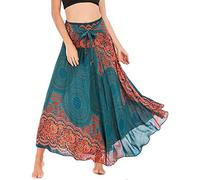 FEOYA Jupe Longue Bohême Femme Jupe Gitane Fluide Hippie Taille Haute Élastique Jupes Indienne Maxi Robe Imprimé de Plage Vacances Robes Licou Dos Nu Sexy 2 en 1 Vêtement Boho Casual Vintage Été 02