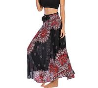 FEOYA Jupe Longue Bohême Femme Jupe Gitane Fluide Hippie Taille Haute Élastique Jupes Indienne Maxi Robe Imprimé de Plage Vacances Robes Licou Dos Nu Sexy 2 en 1 Vêtement Boho Casual Vintage Été 24