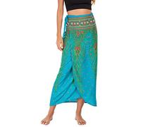 FEOYA Jupe Longue Bohême pour Femme Jupe Portefeuille Fendue Hippie Gitane 2 en 1 Été Jupes Imprimé Taille Haute Robe Indienne Retro de Plage Sexy Boho Robes Licou Dos Nu Printemps 01 Vert lac