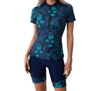 FEOYA Maillot de Bain 2 Deux Pièces Femme Shorty Imprimé Ensemble Rashguard Manche Courte Costume de Piscine Zippé avec Short Plage Bleu Marine L Combinaison de Natation Protection Solaire UV Tankini