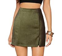 FEOYA Mini Jupe Femme Dames Moulante Ajustée Fendue à Taille Haute Jupes Faux Suède Sexy à Imprimé Léopard Jupe Courte Extensible Élastique en Daim Robe A Line Evasée Hiver Automne Vert S