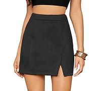 FEOYA Mini Jupe Femme Dames Moulante Ajustée Fendue à Taille Haute Jupes Faux Suède Sexy à Imprimé Léopard Jupe Courte Extensible Élastique en Daim Robe A Line Evasée Hiver Automne Noir L