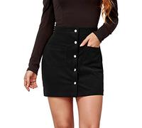 FEOYA Mini Jupe Moulante Femme en Velours Côtelé Courte Taille Haute avec Poche Boutonnée Devant Crayon Droite Extensible Élastique Bouton Coton A Line Hiver Automne Noir S