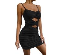 FEOYA Mini Robe Bretelles Spaghetti Femme Sexy Club Robe Moulante Courte Froncée Ruchée Robes de Clubbing Dos Nu Eté Clubwear Corset Cocktail Soirée Fête Slim Jupe sans Manches Col en V Noir M