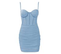 FEOYA Mini Robe Bretelles Spaghetti Femme Sexy Club Robe Moulante Courte Tulle Maille Robes de Clubbing Dos Nu Eté Clubwear Corset Soirée Slim Jupe sans Manches Col en V Froncée Ruché Blue Clair S