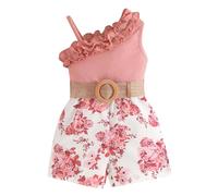 FEOYA Nourrisson Pyjama avec Ceinture Tout-petit Vêtement Ensemble Eté Fille Tenue sans Manches Bébé Combinaison Enfant Salopette Shorts Rose 18-24 Mois