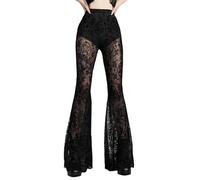 FEOYA Pantalon Évasé en Dentelle Velours Femme Legging Gothique Taille Haute Pantalon Bootcut Transparent Stretch Legging Long Punk Noir M Pantalon Moulant Skinny Halloween Slim Ajusté Rétro Vintage