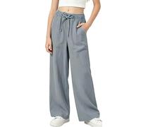 FEOYA Pantalon Lin Fille 13-14 Ans Été Fluide Jogging Élastique Baggy Décontracté Léger Confortable Yoga Sport Poches Gris Clair