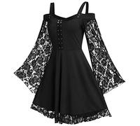 FEOYA Robe à manches en dentelle pour femme,Style gothique,Style steampunk,Robe mi-longue sexy,Robe rétro,Robe de cocktail élégante,Robe de costumade pour Halloween,Taille L-5XL, Noir , L
