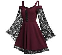 FEOYA Robe à manches en dentelle pour femme,Style gothique,Style steampunk,Robe mi-longue sexy,Robe rétro,Robe de cocktail élégante,Robe de costumade pour Halloween,Taille L-5XL, rouge vin, 5XL