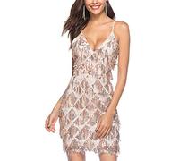 FEOYA Robe Annee 20 Charleston Femme Robe de Soirée Cocktail Femme Col V Robe Gatsby 1920 à Frange Paillettes Robe Salsa Tango Femme M Champagne