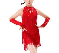FEOYA Robe de Danse Filles Frange Enfants sans Manches Vêtements de Danse Latine Short Une pièce Jazz Samba Tango Salsa Tenue avec Couvercle du Manchon Dancewear pour 13-14 Ans