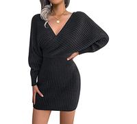 FEOYA Robe Pull Moulante Dos Nu Femme Hiver Robe Tricotée Courte Robe en Maille Manche Chauve Souris Longue Serré Robe Décontractée col V Mini Sexy Robe Chandail Automne Printemps Chic Élégante Noir M